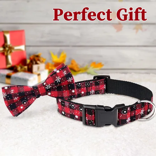 Vista 3 de Malier Paquete de 2 collares de perro con pajarita, collar clásico de Navidad con copo de nieve y hebilla ajustable ligera, adecuado para perros