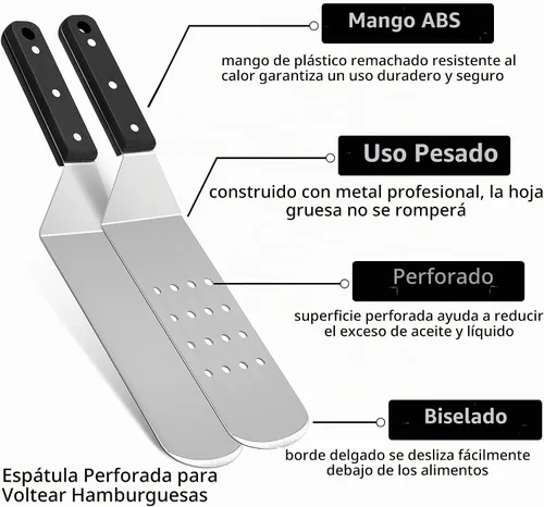 Vista 2 de HaSteeL Espátula de plancha de metal, acero inoxidable larga con mango remachado, girador de hamburguesas perforado resistente y sólido para cocinar