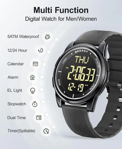 Vista 40 de Beeasy - Reloj digital de pulsera resistente al agua con cronómetro, alarma, cuenta regresiva, doble zona horaria, ultrafino, pantalla angular muy