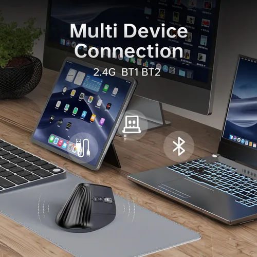 Vista 5 de Ratón vertical ergonómico inalámbrico, Bluetooth con desplazamiento ultrarrápido de 4800 DPI recargable, ratón óptico RGB de 2.4G con clics