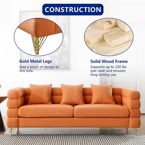 Vista 4 de Sofá de peluche, sofá copetudo de 81 pulgadas, cómodo sofá de 3 plazas con patas de metal dorado, moderno sofá seccional de asiento profundo, sofá