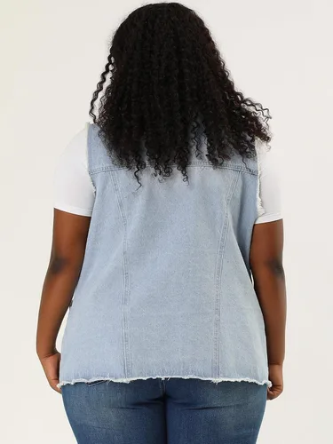 Vista 5 de Agnes Orinda Chaquetas de mezclilla para mujer 2023, talla grande, con solapa frontal, deshilachada, lavada, sin mangas, chaleco de mezclilla largo