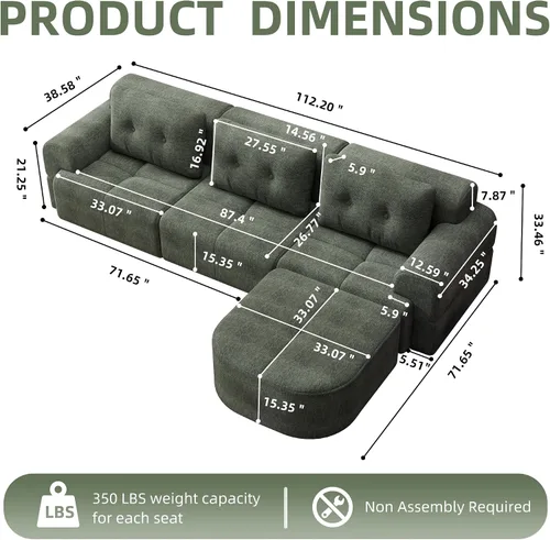 Vista 2 de Sofá seccional comprimido sin hueso de 112 pulgadas con otomana movible convertible en forma de L sofá esquinero modular para sala de estar, sofás