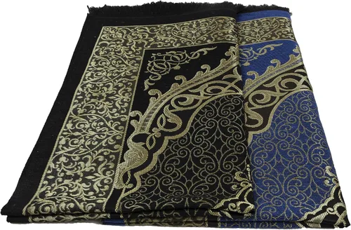 Vista 3 de Modefa Alfombra de oración de chenilla tejida musulmana, otomana negra + azul Felpa fina y tafetán turco intrincada metalizado otomano otomano