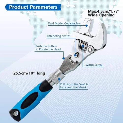 Vista 3 de Llave ajustable Flexhead, llaves de media luna de trinquete de 10" a 12" con vástago de extensión retráctil y cabezal giratorio de 180⁰