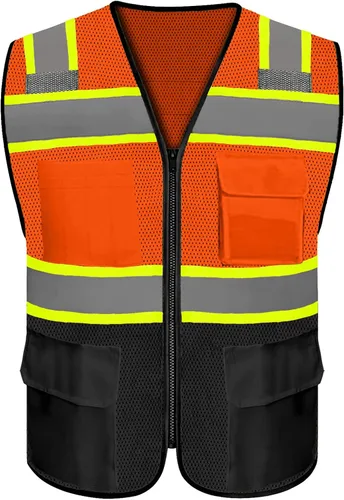 Vista 42 de Chaleco de seguridad reflectante de alta visibilidad con 5 bolsillos y cremallera clase 2 para adultos, unisex, ropa de trabajo de seguridad