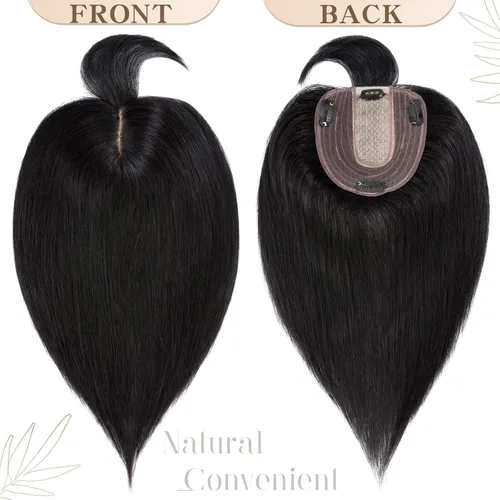 Vista 2 de S-noilite Toppers de cabello humano real con flequillo, postizo de clip con flecos, densidad del 130%, base de seda, 1.58 oz, 10 pulgadas, negro