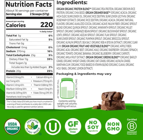 Vista 2 de Orgain Proteína en Polvo Orgánica Vegana de Reemplazo de Comidas, Dulce de Chocolate Cremoso - 20g Proteína a Base de Plantas, Sin Gluten, Sin