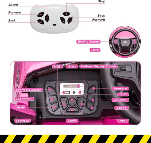 Vista 4 de Coche de batería de 12V para andar, camioneta para niños con licencia de Chevrolet Silverado GMC, vehículos eléctricos para niños pequeños con Rosa