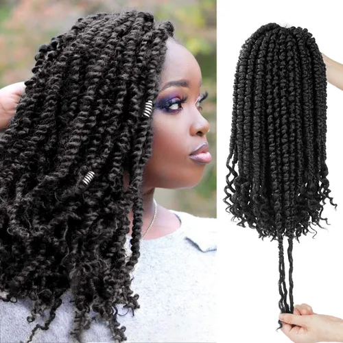 Vista 10 de Pelo de ganchillo senegalés pre primavera trenzado para mujeres negras, pelo sintético Passion Twist trenzado, pelo corto de 12 pulgadas rizado #1B