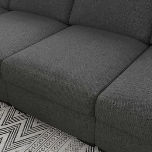 Vista 6 de Moderno sofá de lino en forma de L de 130 pulgadas, sofá modular de 4 asientos con 4 almohadas, otomanas de almacenamiento, sofá cama convertible