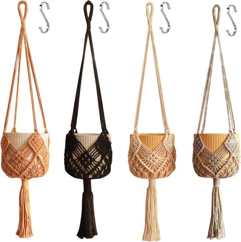 Vista 2 de Maceta Colgante con Patrones, Juego de 4 Colgadores de Macramé para Plantas de Interior, para Macetas de hasta 8 Pulgadas, Soporte de Ganchillo Boho