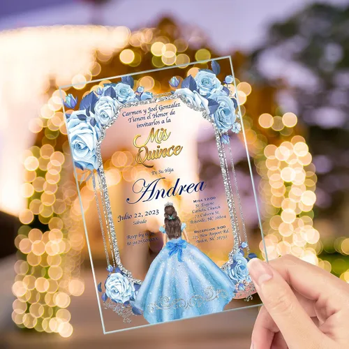 Vista 2 de Avior Invitación de Quinceañera Vestido Azul Bebé Invitación de Vidrio Acrílico, Mis Membrillo, Dulce 15, Dulce 16, Diseño Floral, XV Años, 15 años