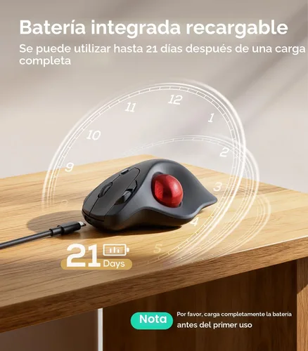 Vista 6 de Nulea M511 Ratón inalámbrico Trackball recargable, ratón ergonómico con control de pulgar y soporte inclinable, seguimiento suave y preciso A-Rojo