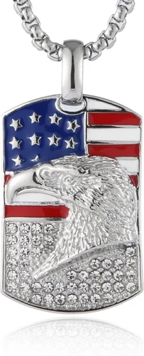Vista 7 de HZMAN Collar patriótico de águila estadounidense de acero inoxidable para hombres y mujeres, con circonita cúbica, bandera americana, colgante