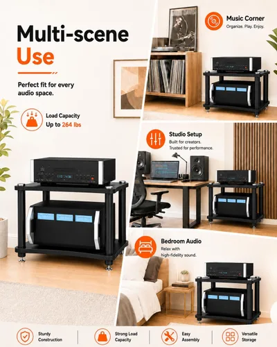 Vista 9 de Soporte para medios AV de 2 niveles, capacidad de carga de 176 libras, color negro anti-vibration feet that help reduce resonance for clearer
