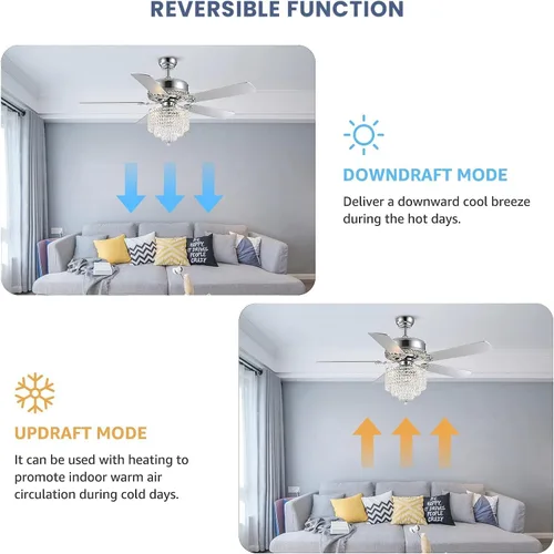 Vista 3 de Ventilador de techo de cristal con luces, ventilador de candelabro moderno con control remoto, ventilador de techo cromado reversible, lámpara