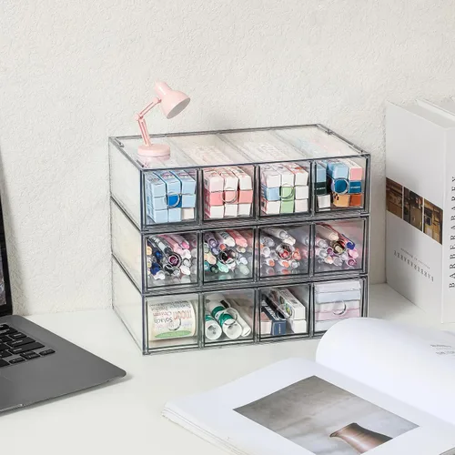 Vista 4 de Paquete de 3 cajones de almacenamiento de acrílico apilables, organizador de escritorio, cajas de almacenamiento de cosméticos transparentes, diseño