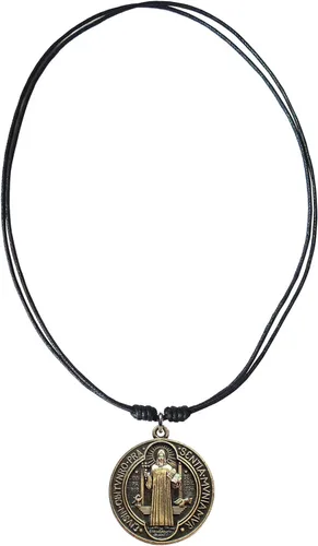 Vista 2 de Bijoux de Ja Collar con dije de medalla de San Benito de Nursia de bronce antiguo cordón ajustable 16 pulgadas Cordón