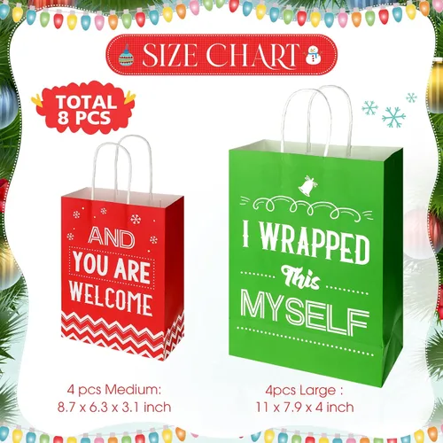 Vista 2 de Zonon 8 bolsas de regalo divertidas de Navidad con asas, bolsas de favor de fiesta de Navidad rojas y verdes con frases humorísticas, suministros