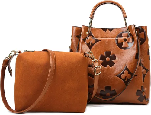 Vista 2 de Travistar Bolsos de mano florales para mujer, juego de bolso de mano de cuero en relieve con asa superior, bolsa de hombro grande, bolsa de hombro