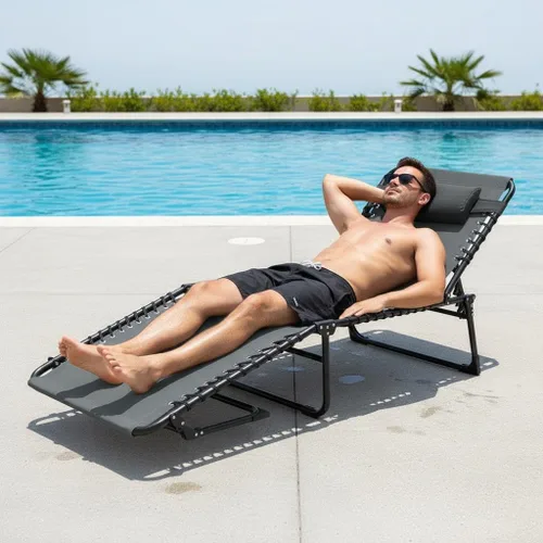 Vista 7 de Tumbona plegable para exteriores, silla de bronceado ajustable de 5 posiciones con almohada extraíble, bolsillo lateral y asa de transporte para Gris