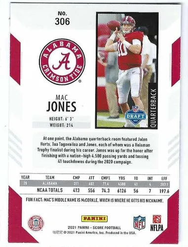 Vista 2 de MAC JONES 2021 Puntuación Panini # 306 Rookie Card RC Fútbol New England Patriots Alabama Crimson Tide