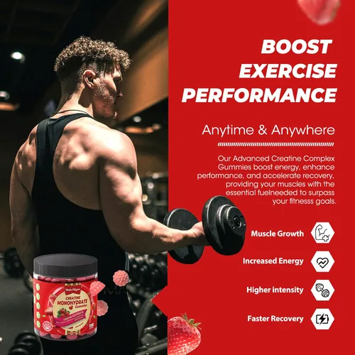 Vista 6 de Gomitas de monohidrato de creatina, 0.18 oz para hombres y mujeres, gomita preentrenamiento con electrolito, taurina para crecimiento muscular