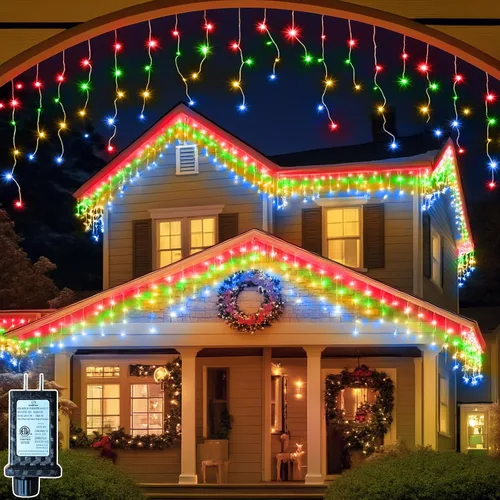 Vista 9 de Luces de carámbano de Navidad de 49 pies, 128 funciones, para exteriores, con 504 LED, 8 modos y temporizador, cortina de luces para exteriores