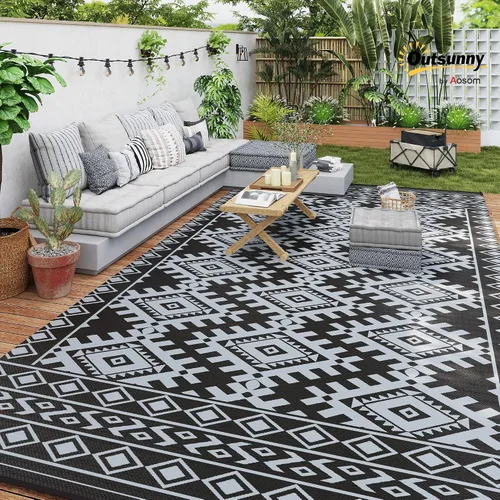 Vista 3 de Outsunny Alfombra de exterior para patio impermeable 9' x 18' rombo negro y Borde rombo negro y gris