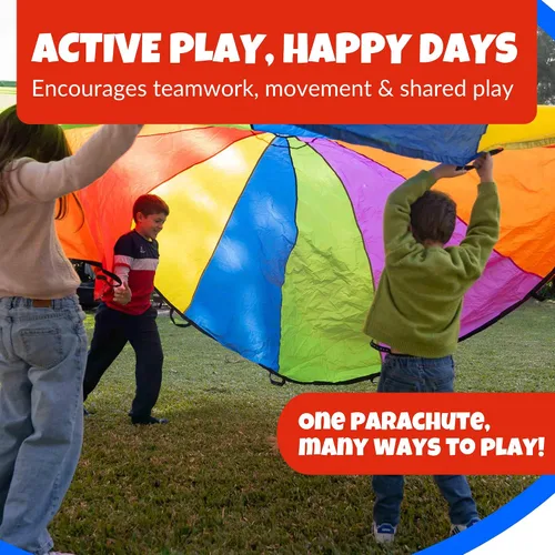 Vista 2 de Activejoy - Paracaídas para niños - 8 pies/12 pies/20 pies / 24 pies - Juguete de paracaídas arcoíris con asas - Ideal para clases de gimnasio, día