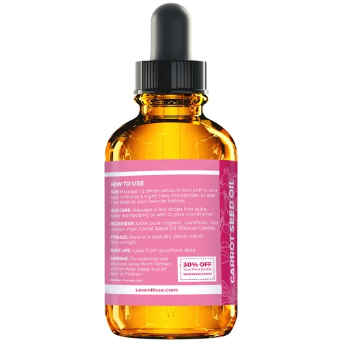 Vista 3 de Aceite de semilla de zanahoria N.° 1 en confianza de Leven Rose, 100 % orgánico prensado en frío y sin refinar, 2 onzas para tratamiento de piel