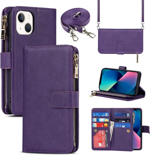 Vista 10 de Funda Cartera para iPhone 13/14 con Tarjetero, Funda Cruzada con Correa para el Hombro, Bolsillo con Cremallera Cartera de Cuero PU para iPhone 13