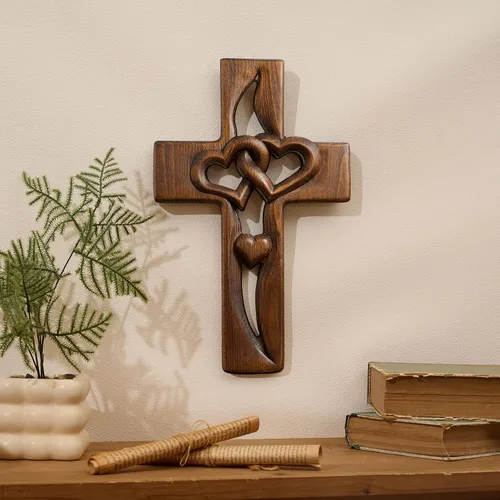 Vista 3 de BGCOPPER Cruz de matrimonio Decoración de pared Cruz de pared de corazón entrelazado de madera Retro