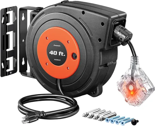 Vista 14 de DEWENWILS Carrete de Cable de Servicio Pesado, Cable de Extensión de Alimentación Retráctil de 40 Pies, 12AWG/3C SJTOW, 3 Tomas Triples Iluminadas
