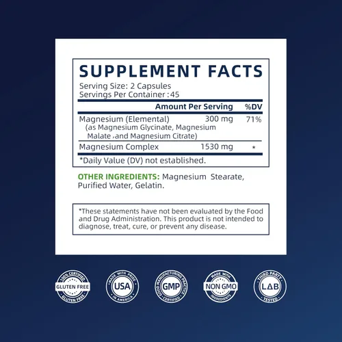 Vista 9 de Complejo triple de magnesio – 300 mg de magnesio de malato, glicinato y citrato – Apoya el alivio del estrés y el sueño, nervios y metabolismo
