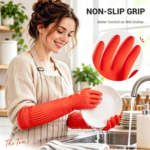 Vista 4 de ThxToms Guantes de goma para limpieza de platos (2 pares), forro polar suave, reutilizables, impermeables, con puño extra largo y agarre