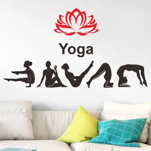 Vista 5 de Adhesivo de pared para estudio de yoga, calcomanía de PVC extraíble con patrones de loto e hinduismo, regalo único para los amantes del yoga, ideal