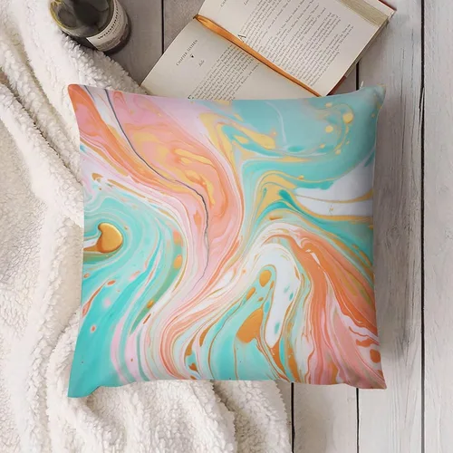 Vista 4 de Funda de almohada decorativa abstracta con textura de mármol naranja, rosa y verde, suave, doble cara, 12 x 12 pulgadas, con textura de mármol