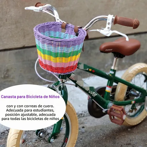 Vista 6 de Cesta de bicicleta para niñas, cesta de bicicleta ajustable para manillar delantero con serpentinas de bicicleta, juego de campana/molino de viento