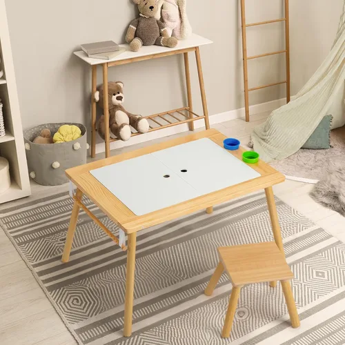 Vista 5 de Juego de mesa y sillas de madera, mesa de actividades con taburete, 2 contenedores de almacenamiento y soporte para rollos de papel, mesa de comedor