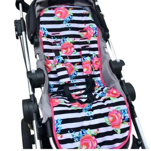 Vista 4 de Forro universal para cochecito de bebé, acuarela floral con rayas blancas y negras, protector de asiento, fundas de correa para cochecito de bebé