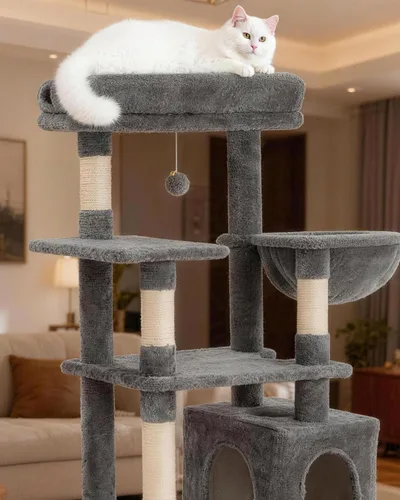 Vista 6 de Árbol para gatos de 54 pulgadas, torre alta para gatos con hamaca, condominio y almohadilla para rascar, casa para gatos con percha de felpa