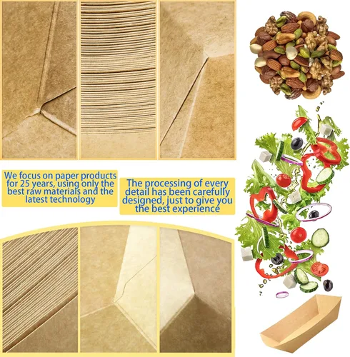 Vista 4 de Paquete de 200 bandejas pequeñas de papel para alimentos, botes desechables de papel kraft de 0.25 libras, color marrón, bandejas para servir