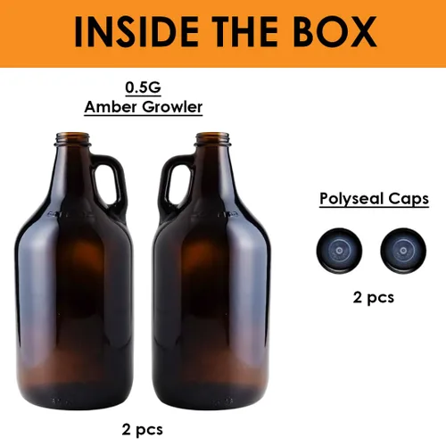 Vista 2 de FastRack Jarras de vidrio ámbar de 64 oz con tapas Polyseal (paquete de 2) Jarras de cerveza de medio galón (1/2 galón) para elaboración casera