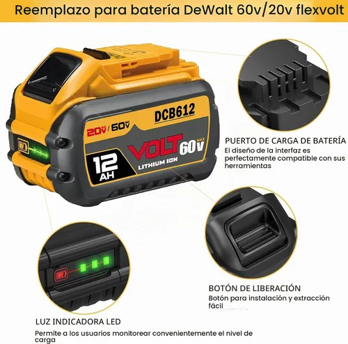 Vista 5 de Batería de iones de litio Dewalt de 20 V/60 V de repuesto de 12000 mAh DCB612 DCB615 DCB609, compatible con herramientas eléctricas inalámbricas
