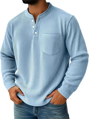 Vista 4 de Sudadera Henley para hombre, cuello en V a rayas, ajuste holgado, suéter de manga larga con bolsillos