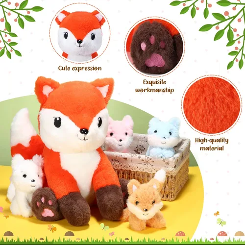 Vista 3 de HyDren Juego de 5 juguetes de peluche de zorro de 14 pulgadas con 4 lindos zorros de peluche en el abdomen, suaves peluches de zorro para baby