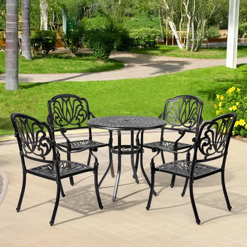 Vista 2 de VINGLI Juego de 2 sillas de patio apilables de aluminio fundido para exteriores con acabado negro vintage y patrón floral, sillones de metal
