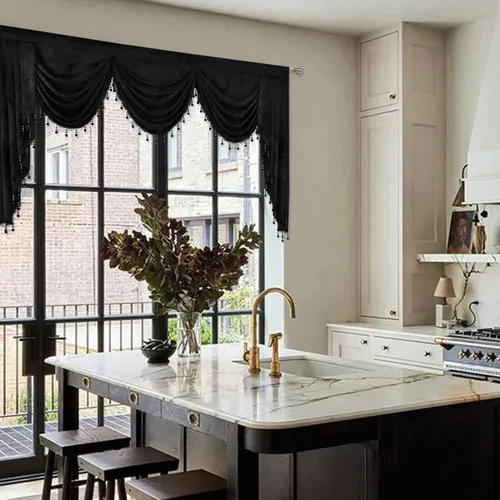 Vista 10 de Cenefa de terciopelo negro para sala de estar, cenefas de cascada de lujo para ventanas, cenefa de cuentas con borlas para cocina, cenefa